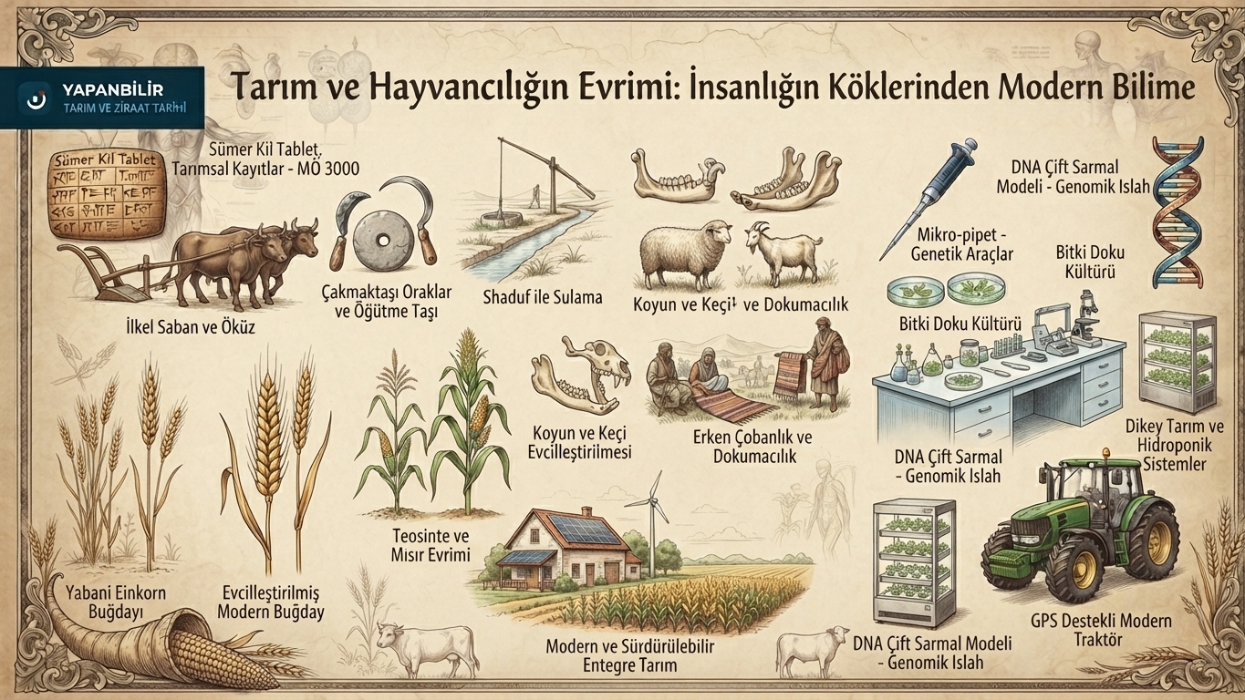Tarım aletleri, evcilleştirme süreçleri ve modern tarım teknolojilerini gösteren Yapan Bilir temalı illüstrasyon.