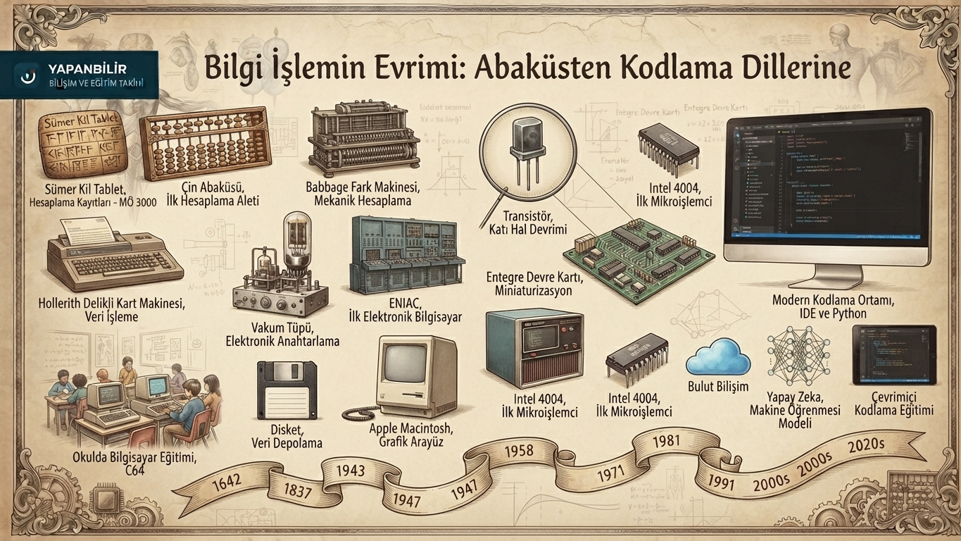 Delikli kartlardan modern mikroişlemciler ve kodlama ortamlarına uzanan bilişim teknolojileri evrimini gösteren Yapan Bilir temalı illüstrasyon.