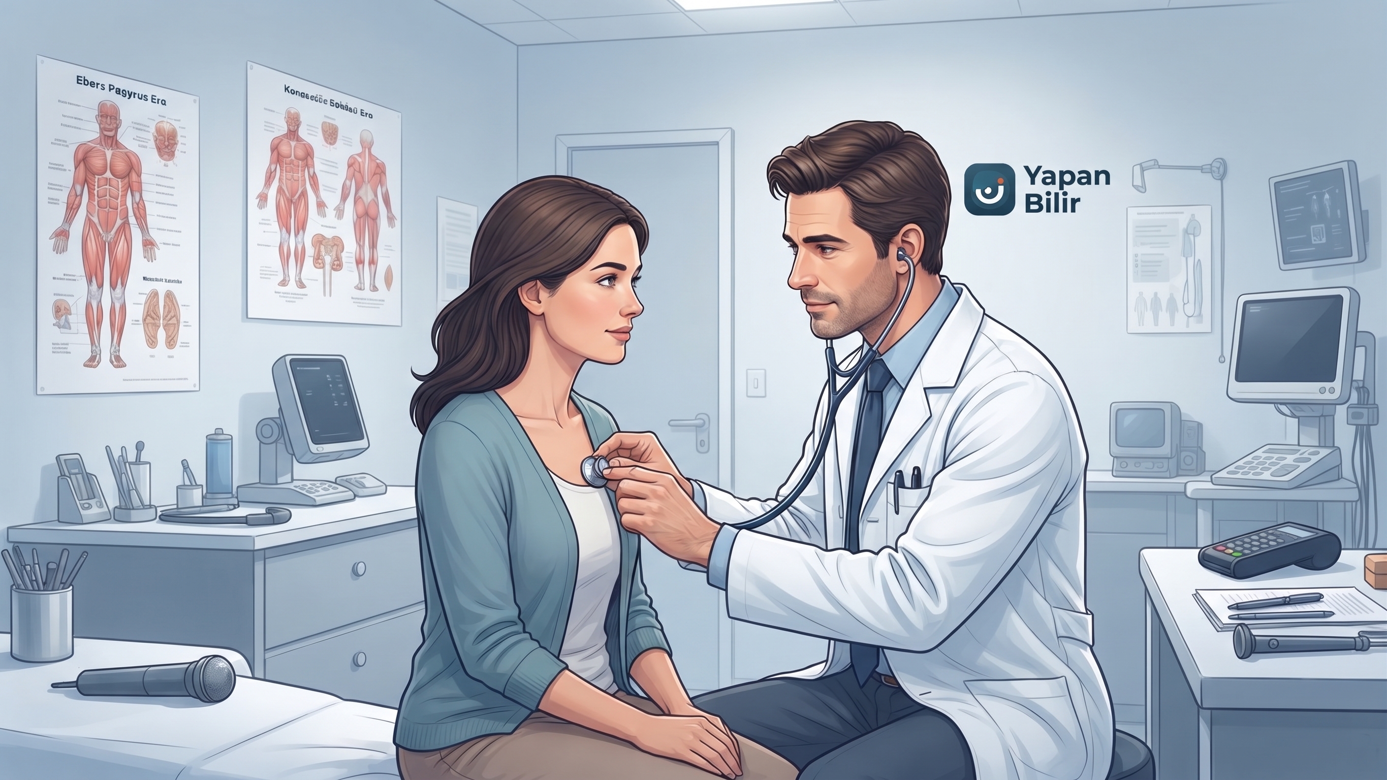 Modern bir klinikte hastasını muayene eden aile hekimi ve koruyucu sağlık temalı Yapan Bilir illüstrasyonu.
